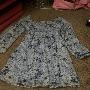 Girls' Blue Floral Long-Sleeve Smocked Dress